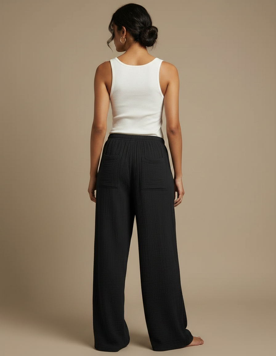 Pantalon Fluide Noir Ample Coton Taille Haute - vue 2