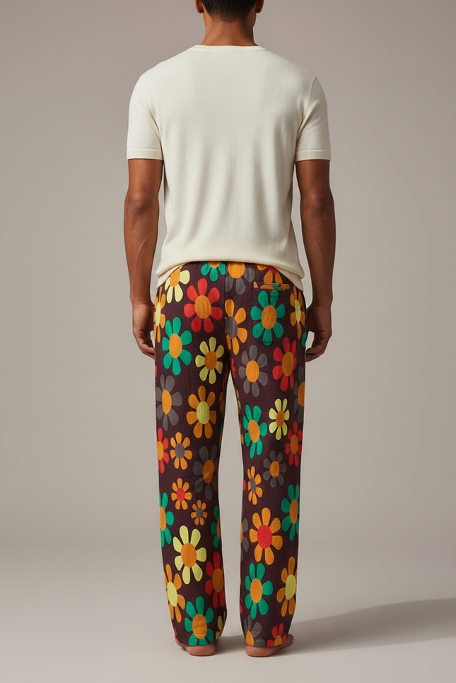 Pantalon Fluide Imprimé Floral Marron Rétro Ample Cordon - Viscose - vue 2