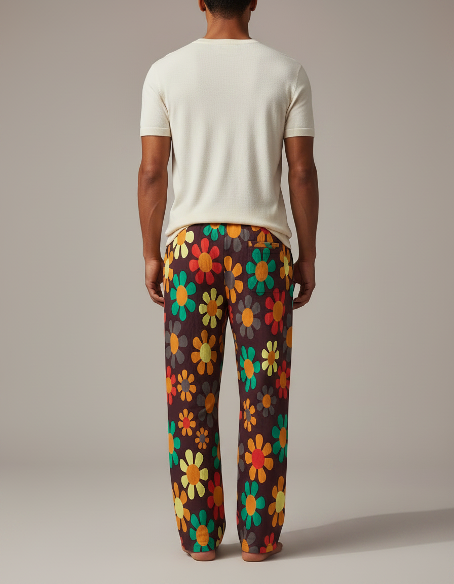 Pantalon Fluide Imprimé Floral Marron Rétro Ample Cordon - Viscose - vue 2