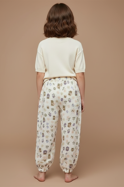 Pantalon Fluide Blanc Imprimé Fleurs Muslin Enfant - Coton - vue 2