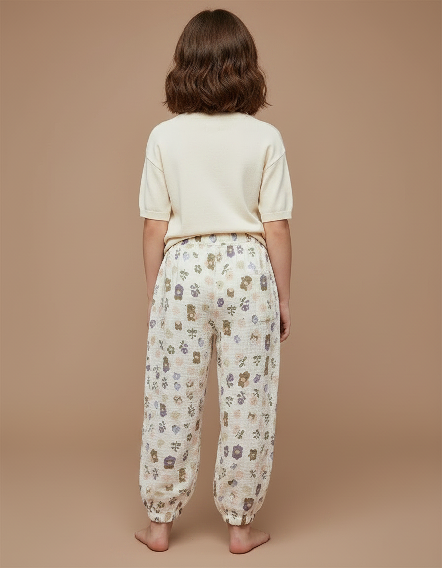 Pantalon Fluide Blanc Imprimé Fleurs Muslin Enfant - Coton - vue 2