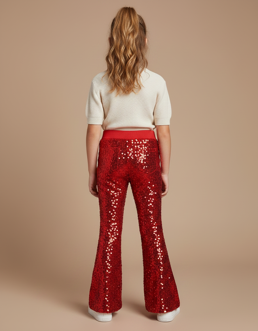 Pantalon Fluide Rouge Paillettes Évasé Confortable Brillant - Polyester - vue 2