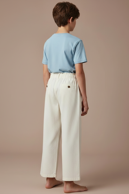 Pantalon Fluide Écru Coton Ample Décontracté Boutons - Beige - vue 2