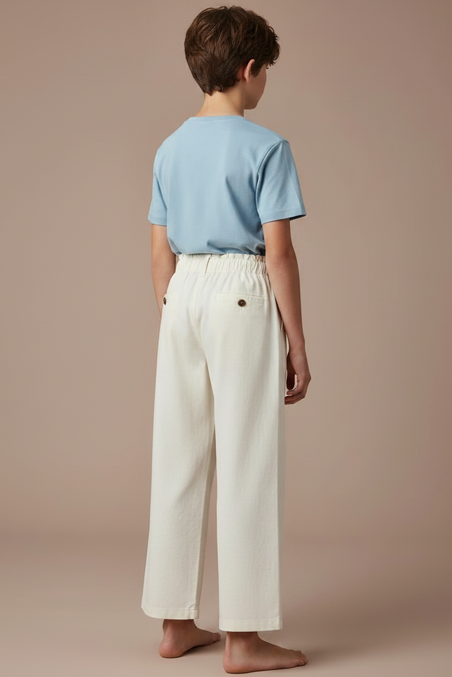 Pantalon Fluide Écru Coton Ample Décontracté Boutons - Beige - vue 2