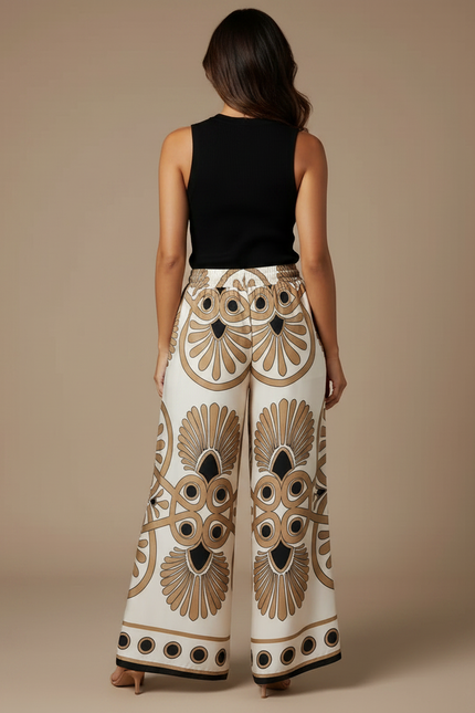 Pantalon Fluide Écru Imprimé Géométrique Satin Ample Femme - vue 2
