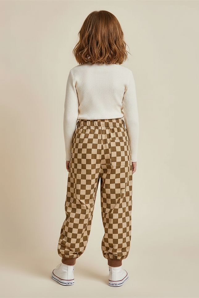 Pantalon Fluide Écru Carreaux Marron Ample Enfant - Molleton - vue 2