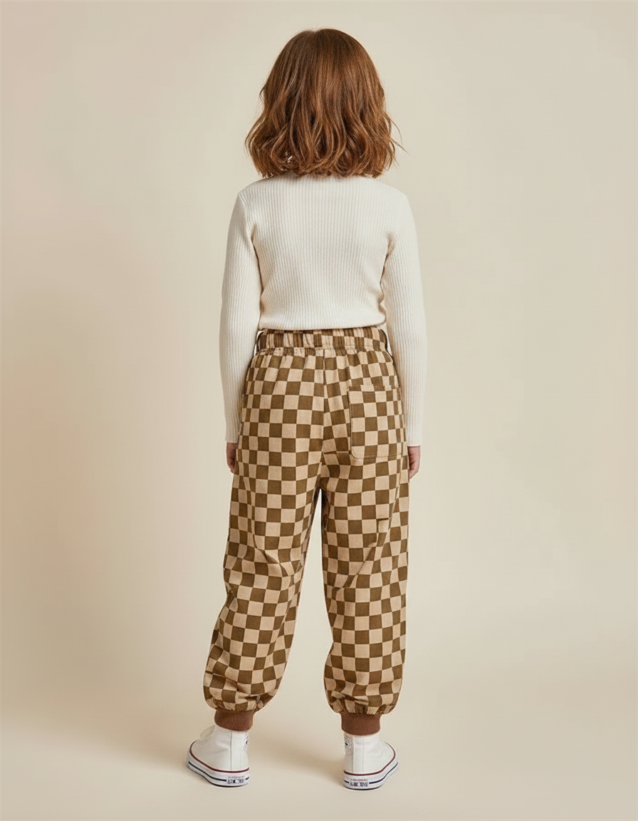 Pantalon Fluide Écru Carreaux Marron Ample Enfant - Molleton - vue 2