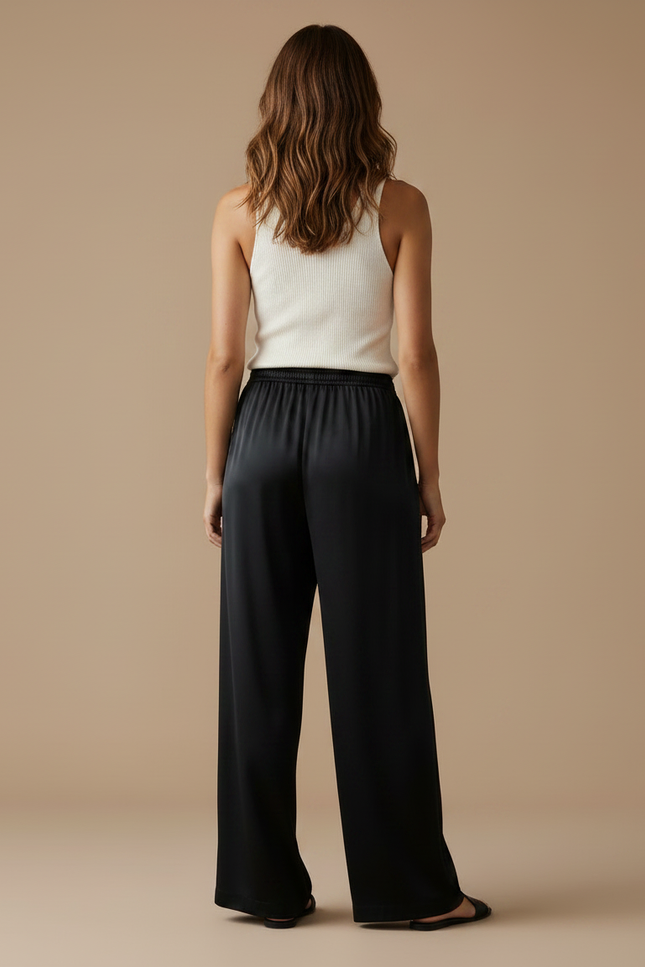 Pantalon Fluide Noir Satiné Ample Décontracté Élégant - vue 2