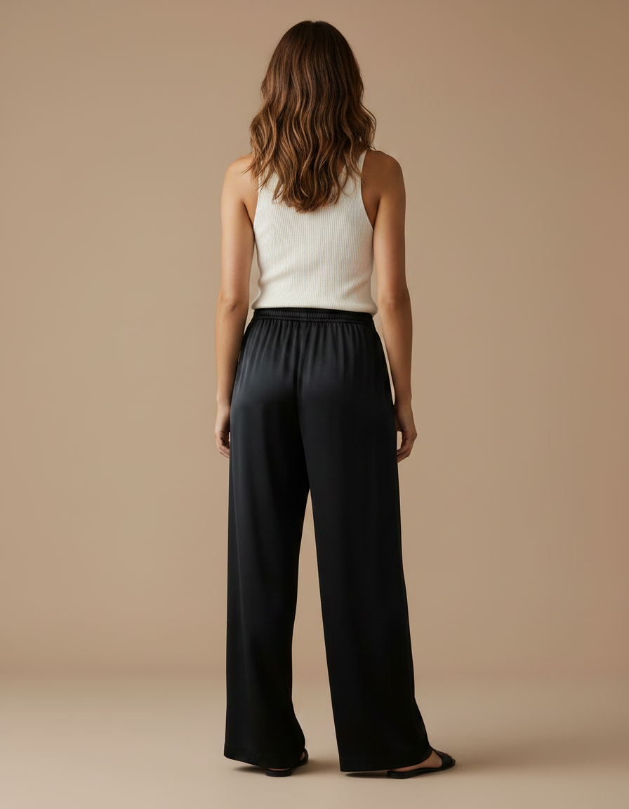 Pantalon Fluide Noir Satiné Ample Décontracté Élégant - vue 2
