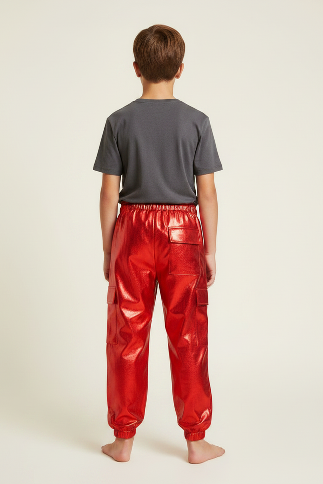 Pantalon Fluide Rouge Métallique Brillant Cargo Enfant - Polyester - vue 2