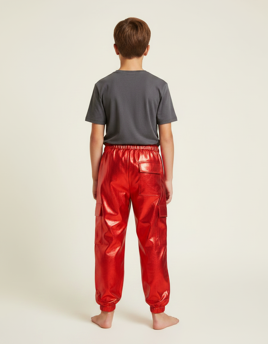Pantalon Fluide Rouge Métallique Brillant Cargo Enfant - Polyester - vue 2