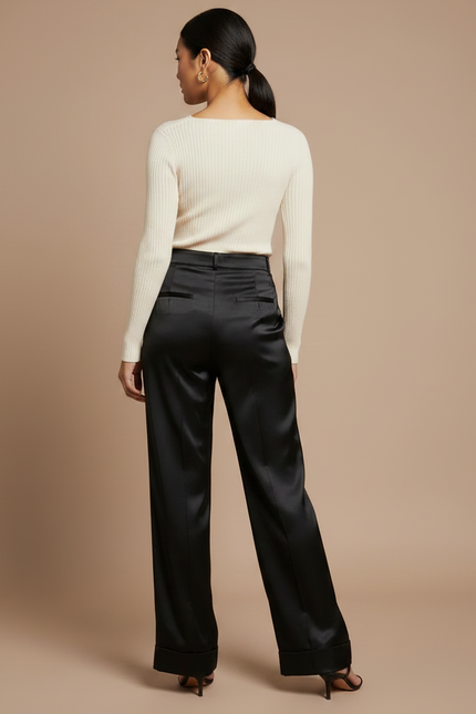Pantalon Fluide Noir Satiné Taille Haute Ample Élégant - vue 2