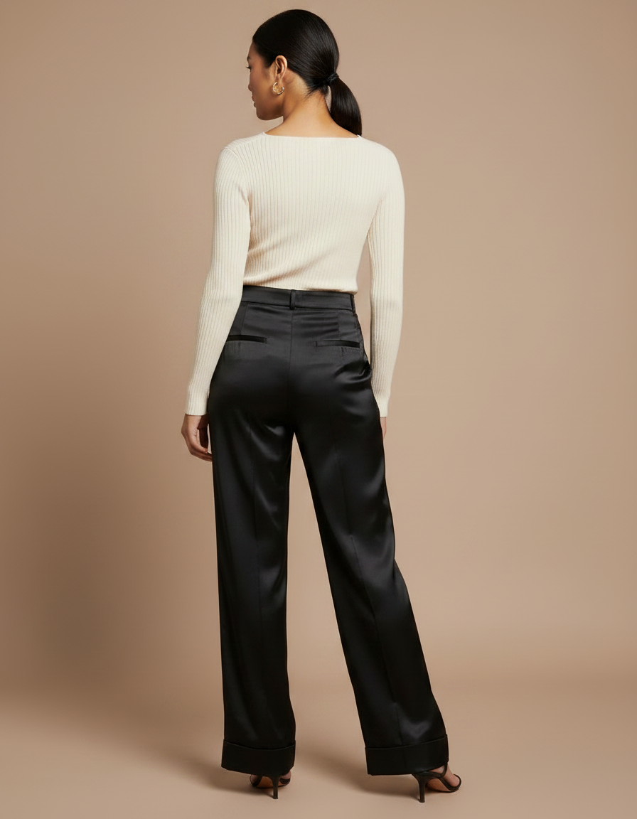 Pantalon Fluide Noir Satiné Taille Haute Ample Élégant - vue 2