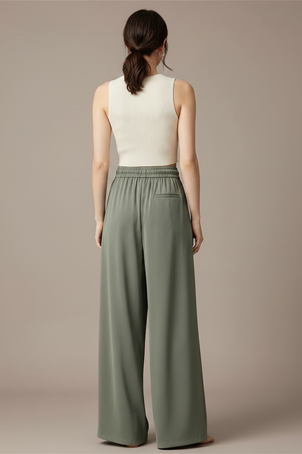 Pantalon Fluide Vert Ample Cordon Décontracté Élégant - Kaki Viscose - vue 2