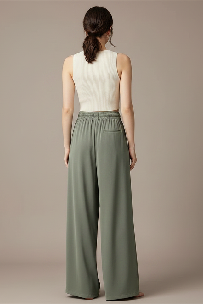 Pantalon Fluide Vert Ample Cordon Décontracté Élégant - Kaki Viscose - vue 2