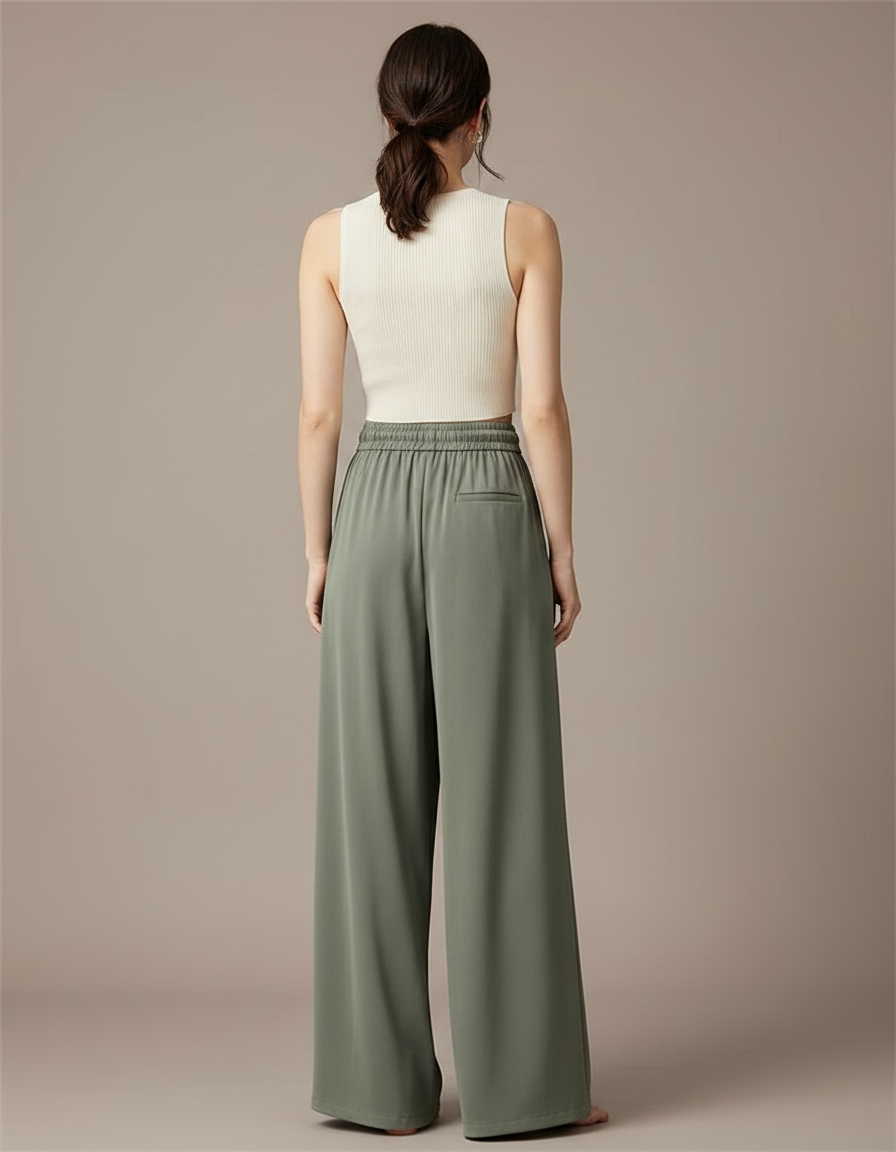 Pantalon Fluide Vert Ample Cordon Décontracté Élégant - Kaki Viscose - vue 2