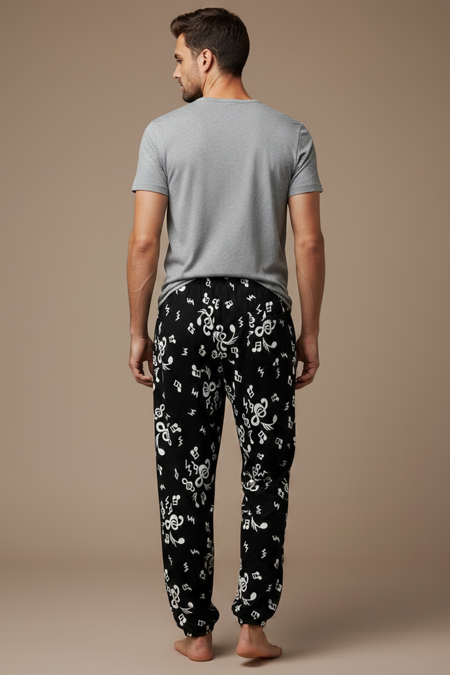 Pantalon Fluide Noir Imprimé Musical Ample Viscose Homme - vue 2