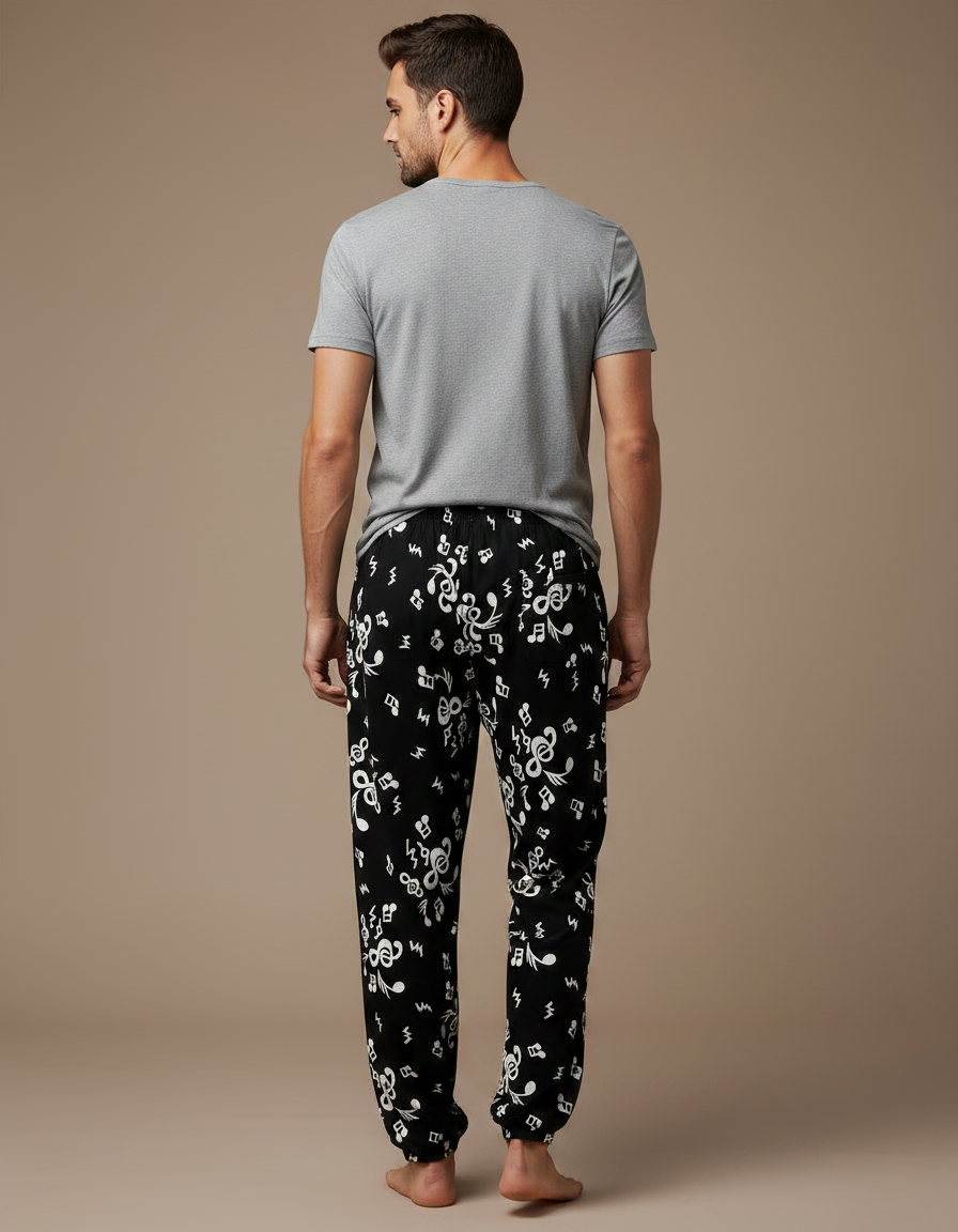 Pantalon Fluide Noir Imprimé Musical Ample Viscose Homme - vue 2