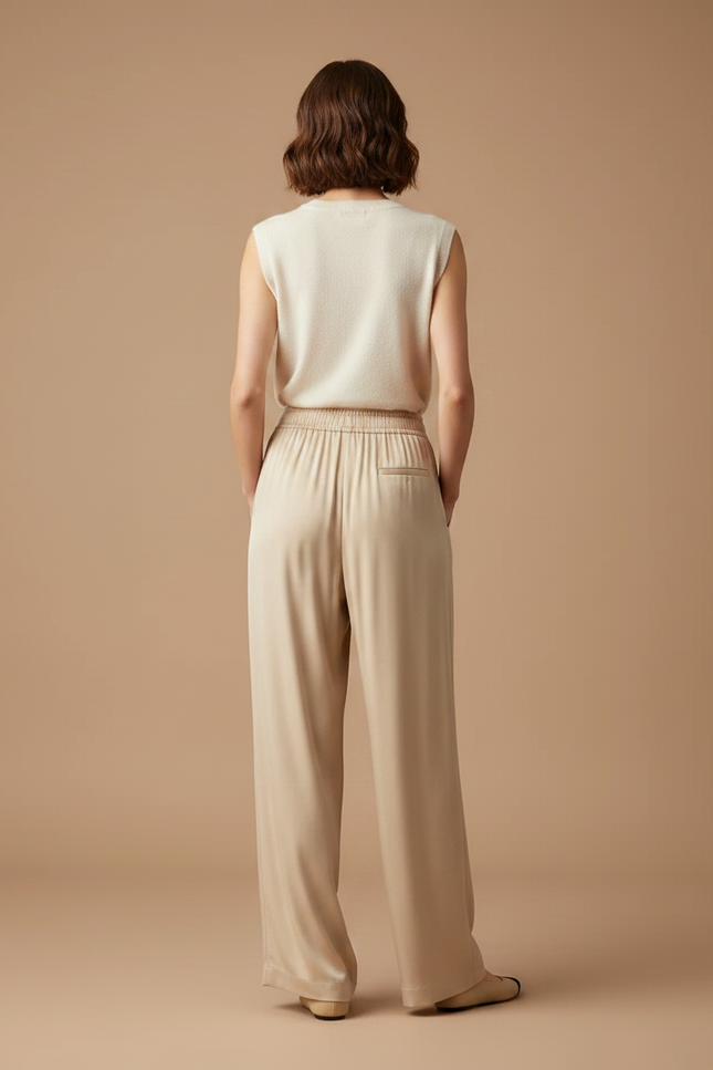 Pantalon Fluide Beige Ample Élégant Taille Élastique - Satin - vue 2