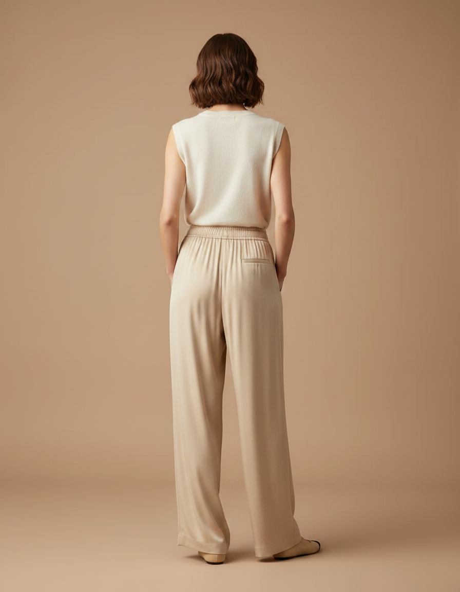 Pantalon Fluide Beige Ample Élégant Taille Élastique - Satin - vue 2