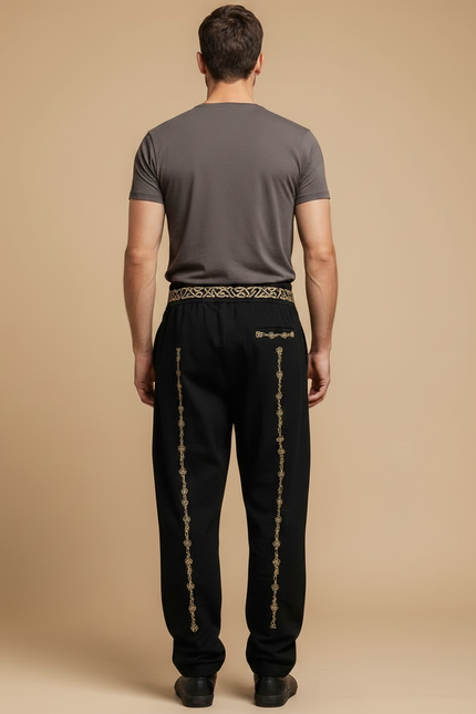 Pantalon Fluide Noir Ample Imprimé Loup Viking Homme - Molleton - vue 2