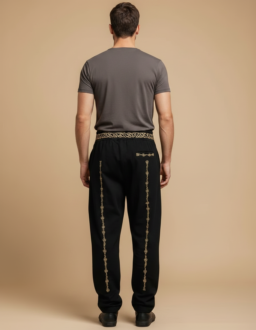 Pantalon Fluide Noir Ample Imprimé Loup Viking Homme - Molleton - vue 2