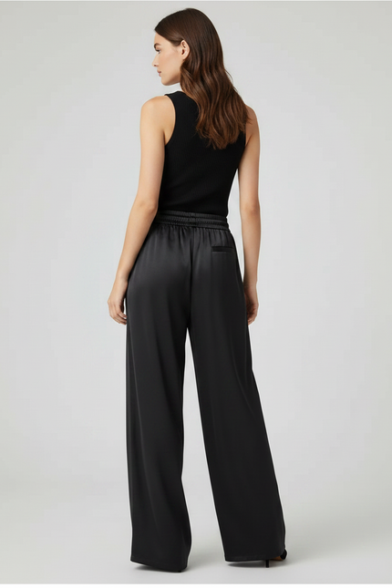 Pantalon Fluide Noir Ample Satiné Décontracté Femme - vue 2