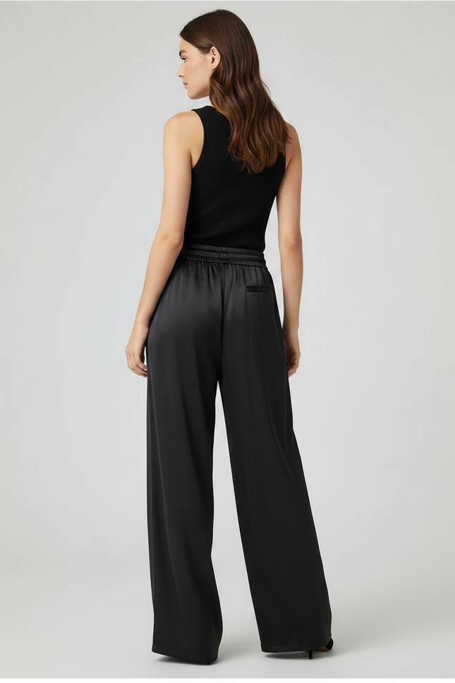 Pantalon Fluide Noir Ample Satiné Décontracté Femme - vue 2