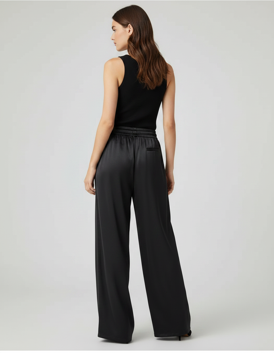 Pantalon Fluide Noir Ample Satiné Décontracté Femme - vue 2