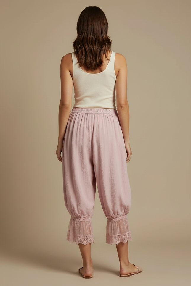 Pantalon Fluide Rose Ample Dentelle Coton Décontracté - vue 2