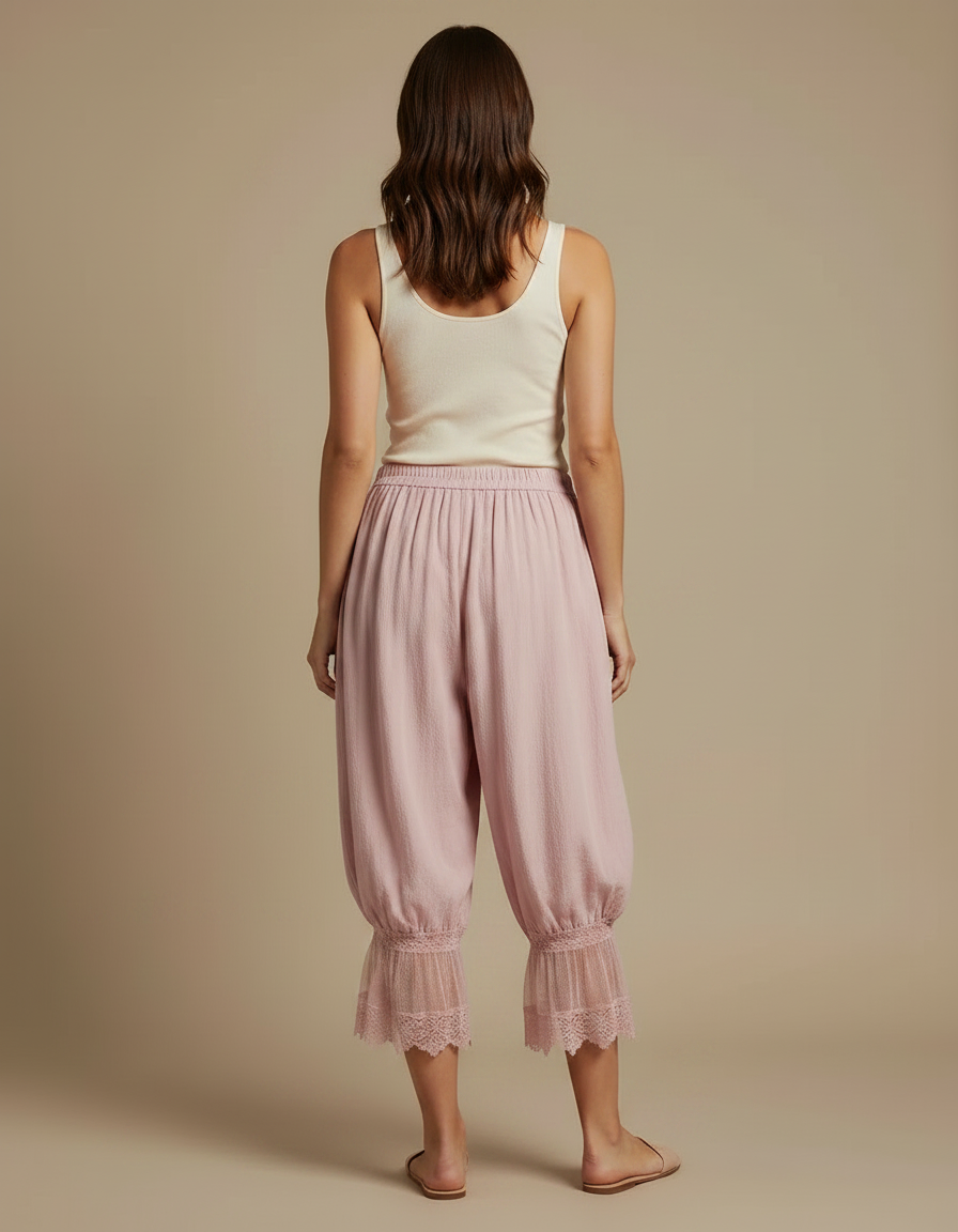 Pantalon Fluide Rose Ample Dentelle Coton Décontracté - vue 2