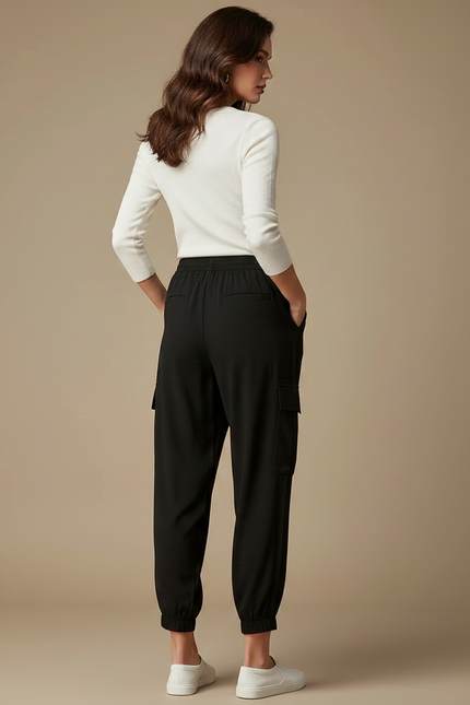 Pantalon Fluide Noir Cargo Ample Décontracté - Viscose - vue 2