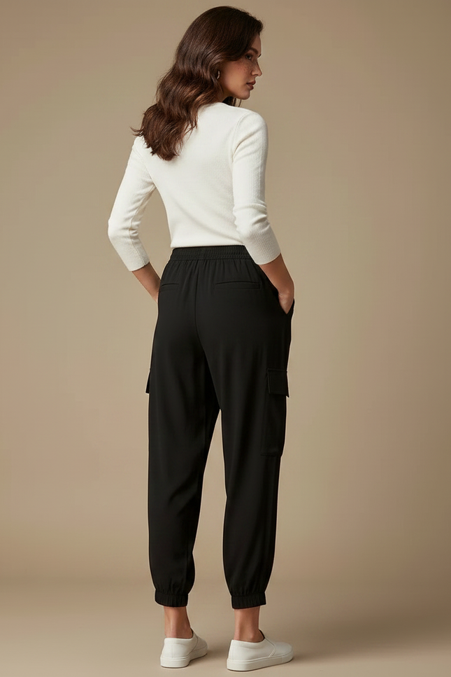 Pantalon Fluide Noir Cargo Ample Décontracté - Viscose - vue 2