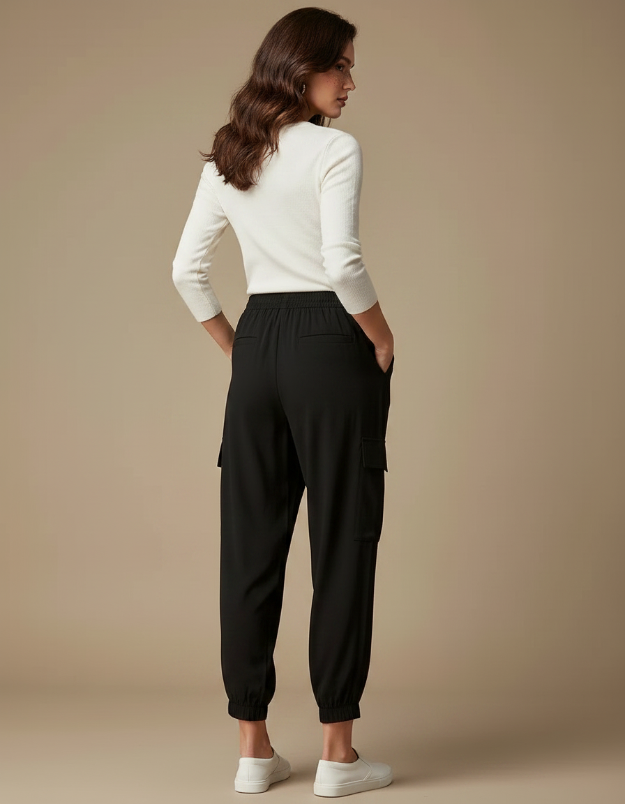 Pantalon Fluide Noir Cargo Ample Décontracté - Viscose - vue 2