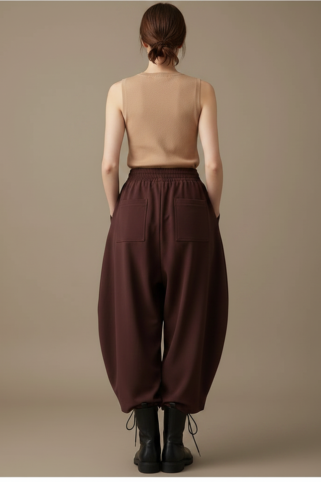 Pantalon Fluide Marron Ample Harem Décontracté Coton - Bordeaux Viscose - vue 2