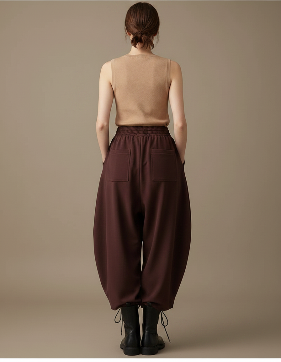 Pantalon Fluide Marron Ample Harem Décontracté Coton - Bordeaux Viscose - vue 2