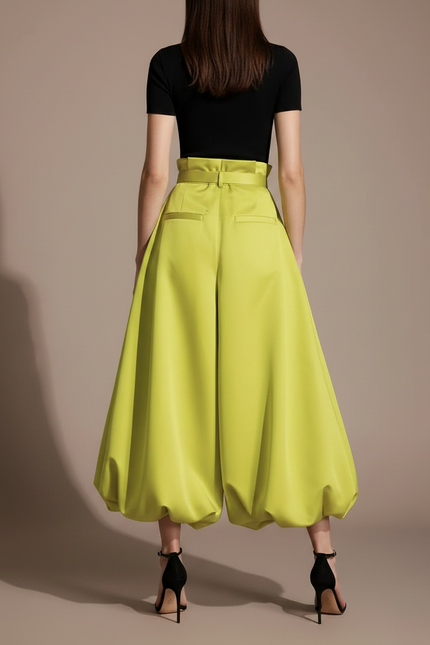 Pantalon Fluide Vert Citron Ample Plissé Ceinturé - Satin - vue 2