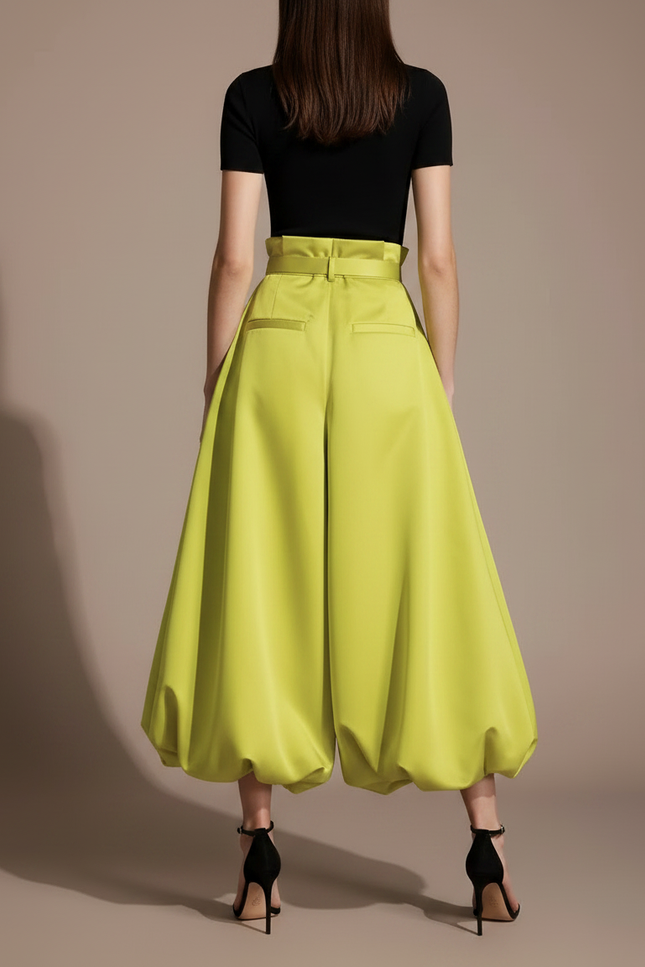 Pantalon Fluide Vert Citron Ample Plissé Ceinturé - Satin - vue 2