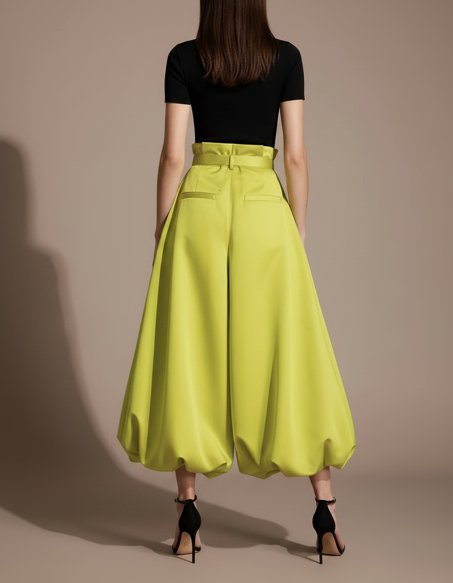 Pantalon Fluide Vert Citron Ample Plissé Ceinturé - Satin - vue 2
