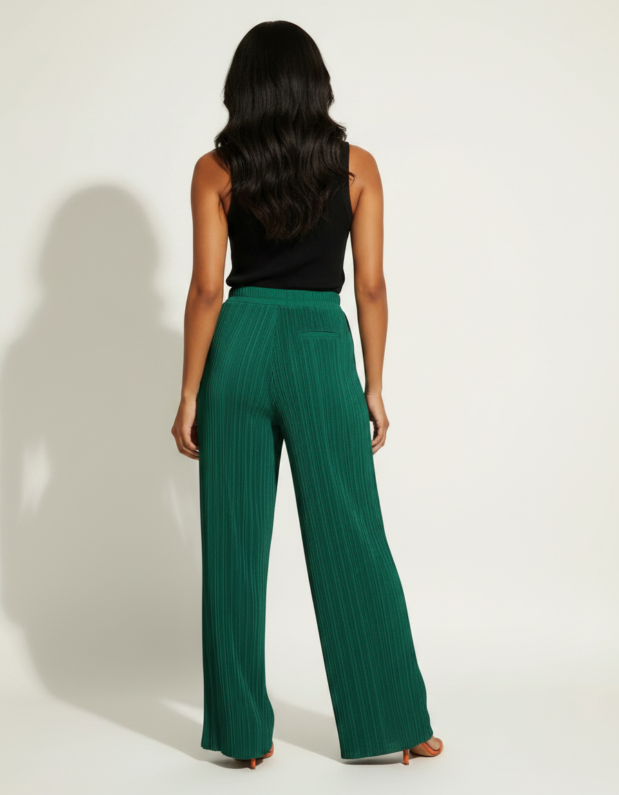 Pantalon Fluide Vert Émeraude Plissé Ample Décontracté - Polyester - vue 2