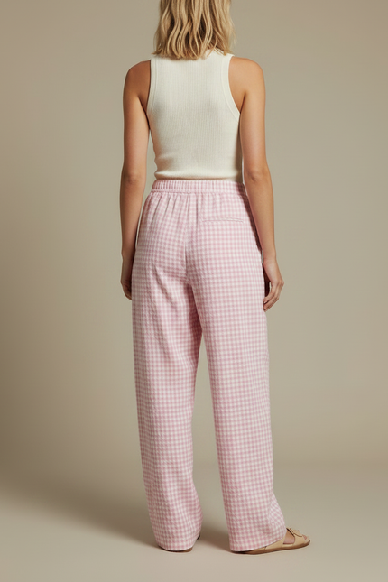 Pantalon Fluide Rose Gingham Ample Décontracté Plaid - Coton - vue 2
