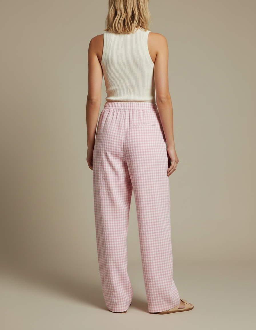 Pantalon Fluide Rose Gingham Ample Décontracté Plaid - Coton - vue 2