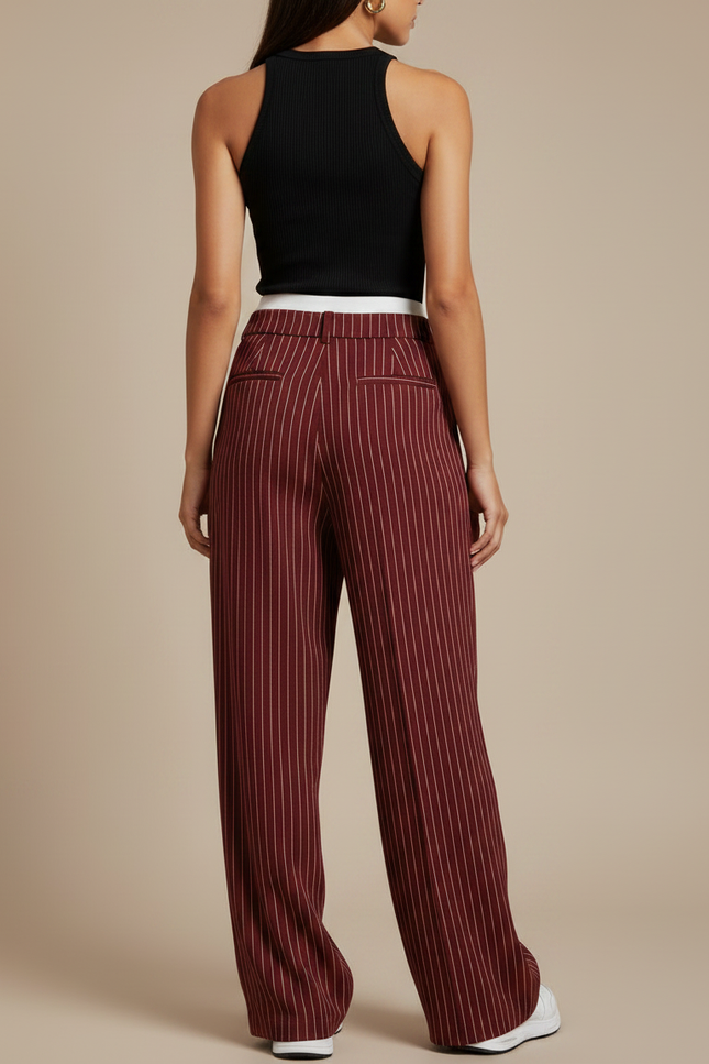 Pantalon Fluide Rayé Bordeaux Ample Taille Haute - Viscose - vue 2