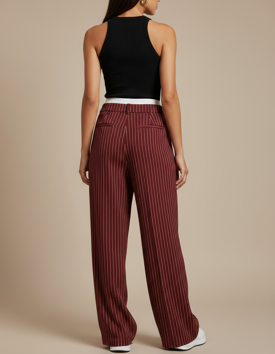 Pantalon Fluide Rayé Bordeaux Ample Taille Haute - Viscose - vue 2