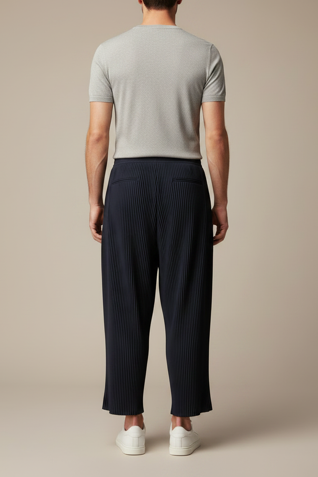 Pantalon Fluide Plissé Bleu Marine Décontracté Ample Homme - Polyester - vue 2