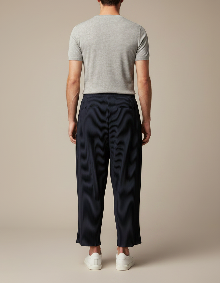 Pantalon Fluide Plissé Bleu Marine Décontracté Ample Homme - Polyester - vue 2