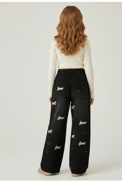Pantalon Fluide Noir Brodé Chien Ample Fille - Jean - vue 2