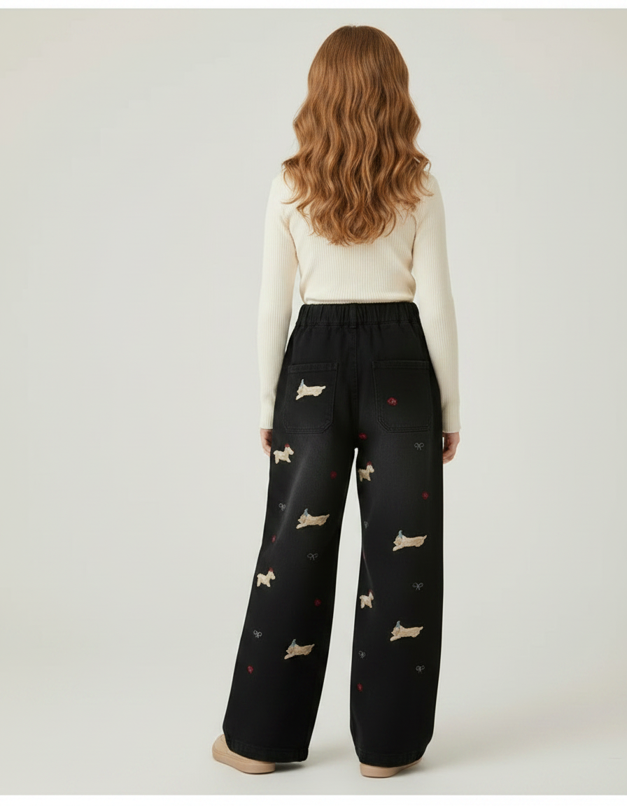 Pantalon Fluide Noir Brodé Chien Ample Fille - Jean - vue 2