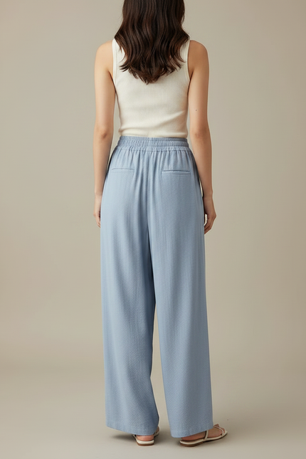 Pantalon Fluide Bleu Ciel Ample Plissé Décontracté Léger - Lin - vue 2