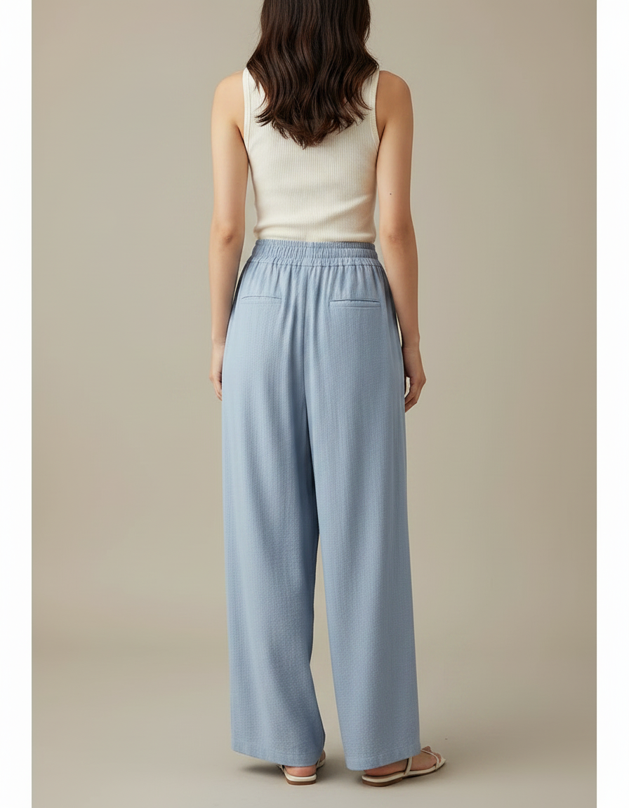 Pantalon Fluide Bleu Ciel Ample Plissé Décontracté Léger - Lin - vue 2